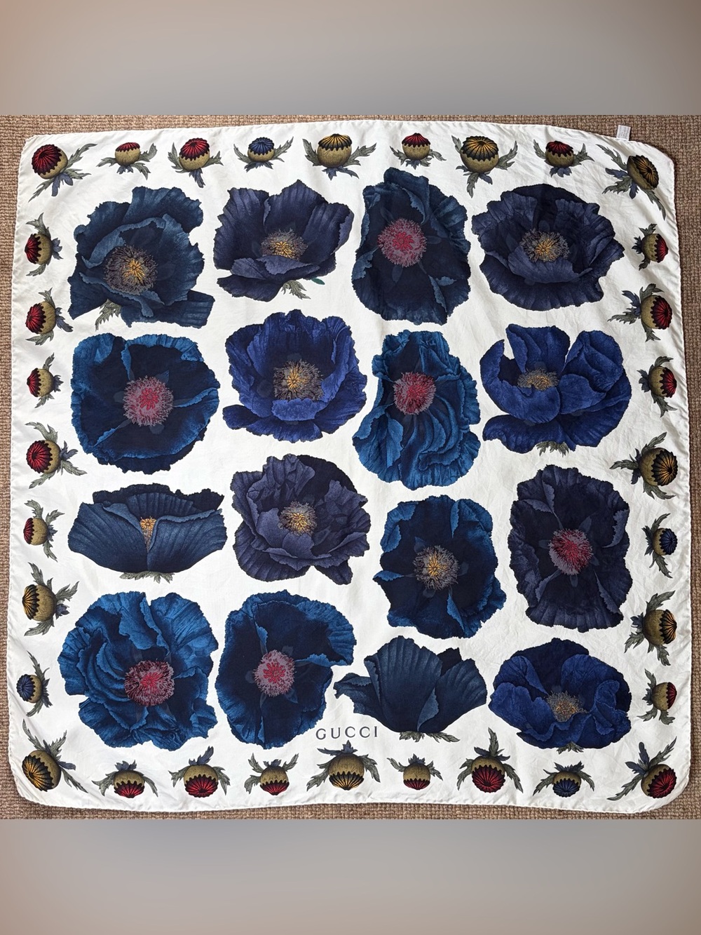 Gucci Vintage Silk Scarf featuring Blue Poppies